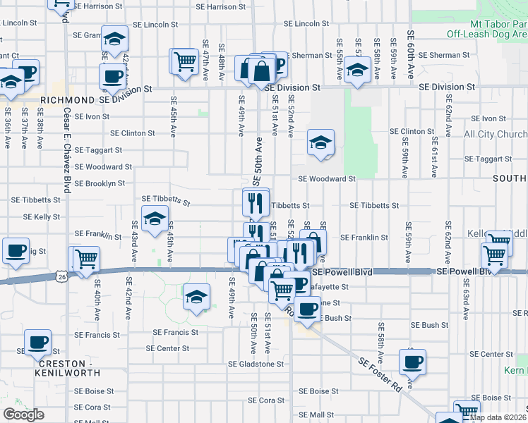 map of restaurants, bars, coffee shops, grocery stores, and more near 5021 Southeast Kelly Street in Portland
