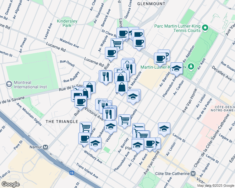 map of restaurants, bars, coffee shops, grocery stores, and more near 4200 Avenue de Courtrai in Montréal