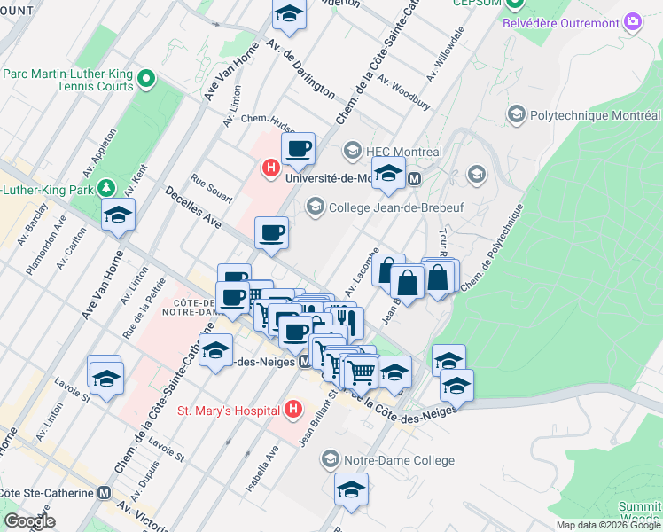 map of restaurants, bars, coffee shops, grocery stores, and more near 3189 Boulevard Édouard-Montpetit in Montréal