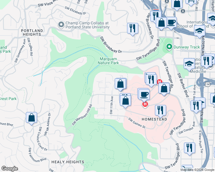map of restaurants, bars, coffee shops, grocery stores, and more near 3158 Southwest 12th Avenue in Portland