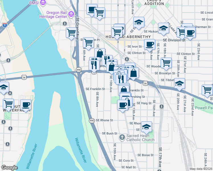 map of restaurants, bars, coffee shops, grocery stores, and more near 908 Southeast Franklin Street in Portland