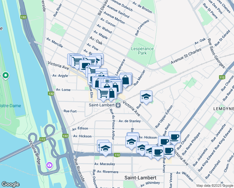 map of restaurants, bars, coffee shops, grocery stores, and more near 680 Avenue Victoria in Saint-Lambert
