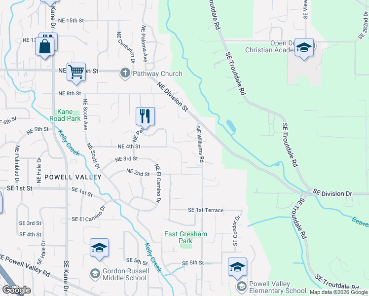 map of restaurants, bars, coffee shops, grocery stores, and more near 4361 Northeast 3rd Street in Gresham