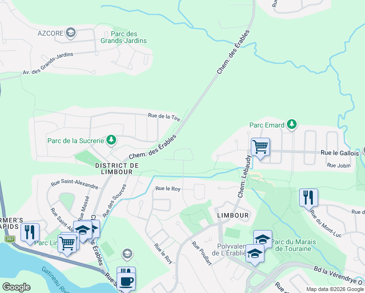 map of restaurants, bars, coffee shops, grocery stores, and more near 86 Rue Limbour in Gatineau
