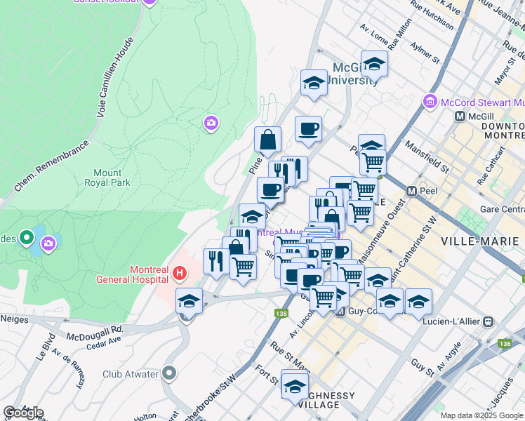 map of restaurants, bars, coffee shops, grocery stores, and more near 1425 Avenue du Docteur-Penfield in Montréal