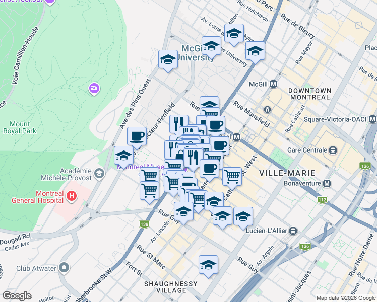 map of restaurants, bars, coffee shops, grocery stores, and more near 1245 Rue Sherbrooke Ouest in Montréal