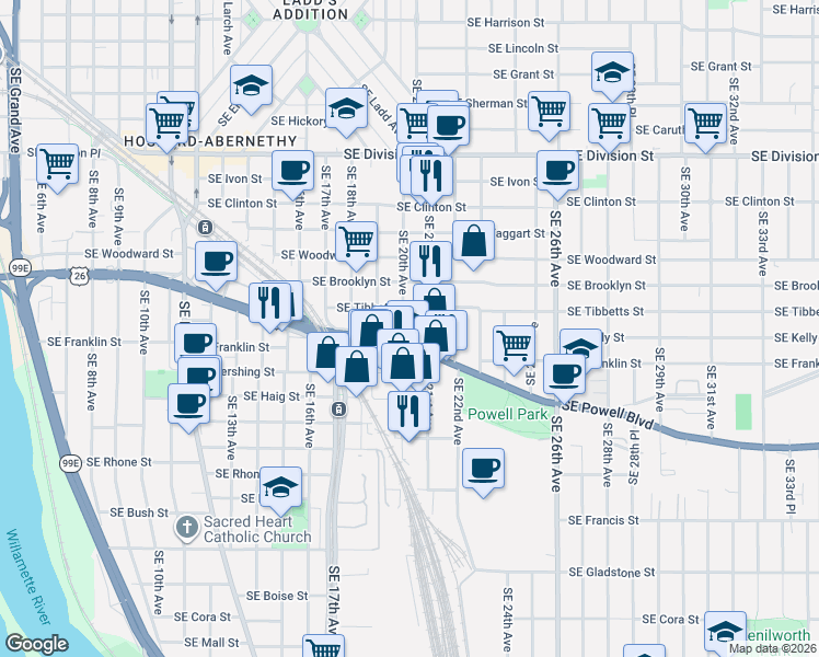 map of restaurants, bars, coffee shops, grocery stores, and more near 3220 Southeast 19th Avenue in Portland