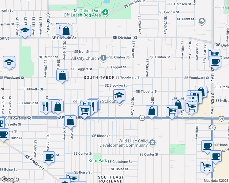 map of restaurants, bars, coffee shops, grocery stores, and more near 6902 Southeast Brooklyn Street in Portland