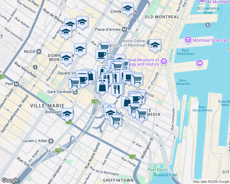 map of restaurants, bars, coffee shops, grocery stores, and more near 720 Rue Saint-Jacques in Montréal