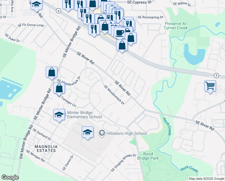 map of restaurants, bars, coffee shops, grocery stores, and more near 2573 Southeast Meadowlark Drive in Hillsboro