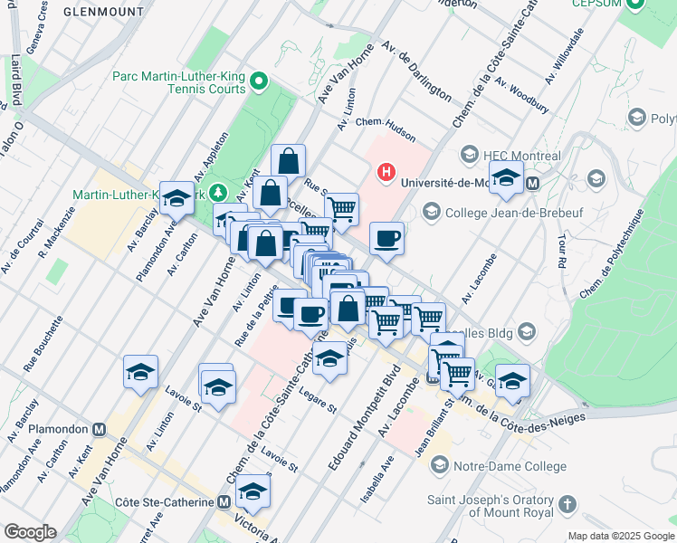map of restaurants, bars, coffee shops, grocery stores, and more near 3405 Place Decelles in Montreal