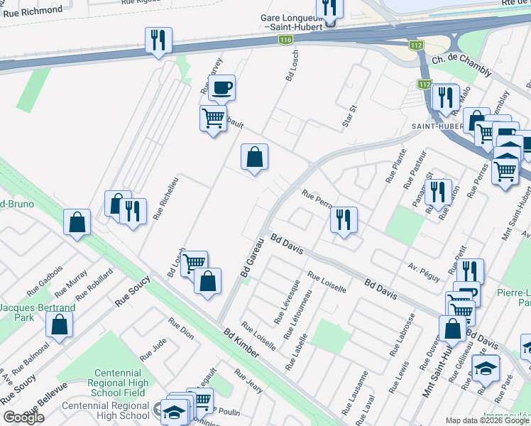 map of restaurants, bars, coffee shops, grocery stores, and more near 3630 Boulevard Gareau in Longueuil