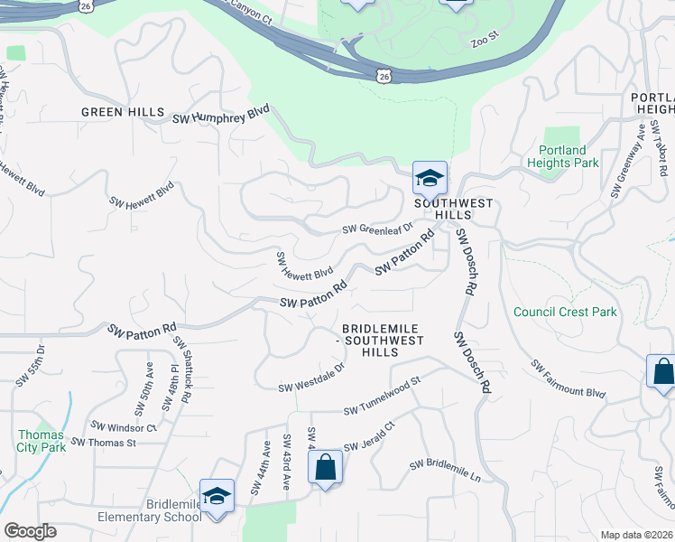 map of restaurants, bars, coffee shops, grocery stores, and more near 4105 Southwest Hillside Drive in Portland