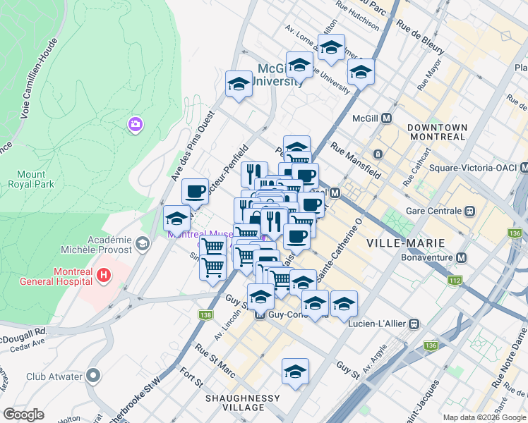 map of restaurants, bars, coffee shops, grocery stores, and more near 1245 Rue Sherbrooke Ouest in Montréal