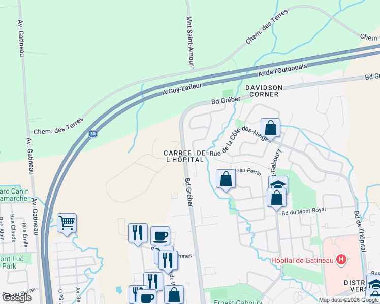 map of restaurants, bars, coffee shops, grocery stores, and more near 317 Rue de la Côte-des-Neiges in Gatineau