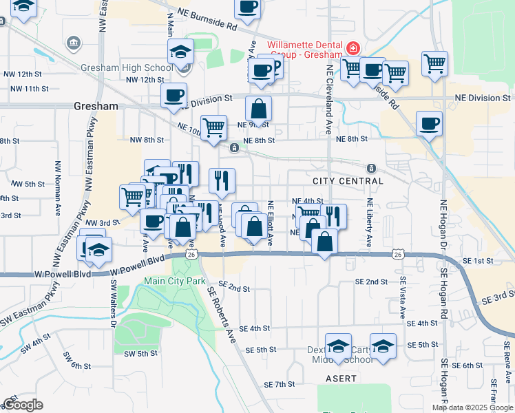 map of restaurants, bars, coffee shops, grocery stores, and more near 520 Northeast 3rd Street in Gresham