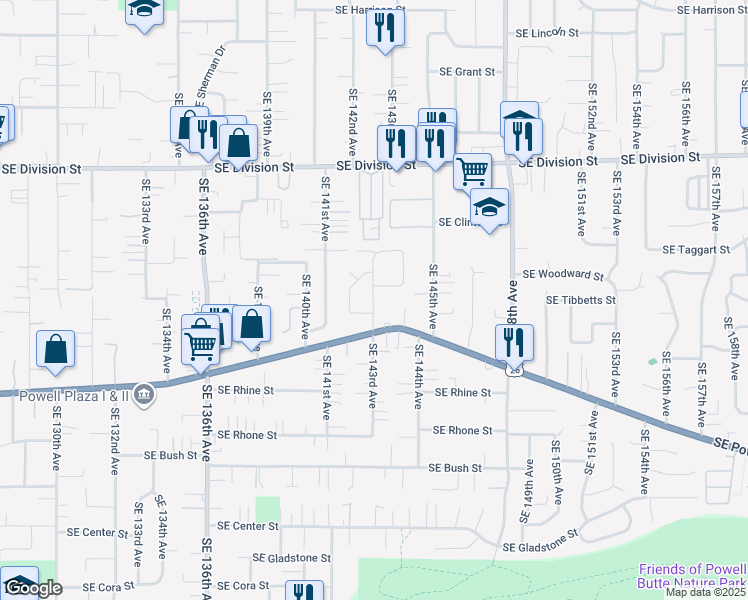 map of restaurants, bars, coffee shops, grocery stores, and more near 14204 Southeast Tibbetts Street in Portland