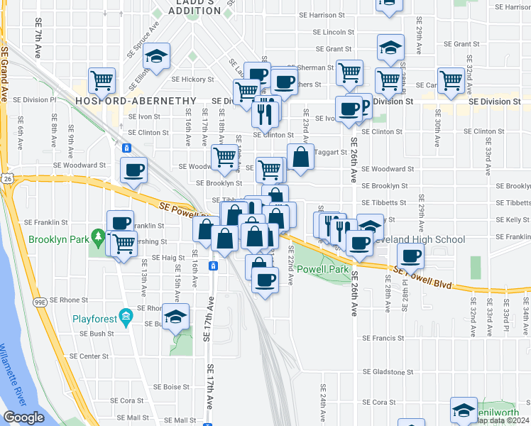 map of restaurants, bars, coffee shops, grocery stores, and more near in Portland