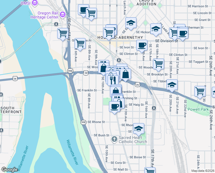 map of restaurants, bars, coffee shops, grocery stores, and more near 3305 Southeast 11th Avenue in Portland
