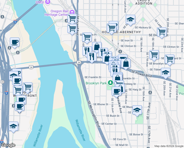 map of restaurants, bars, coffee shops, grocery stores, and more near 3305 Southeast 8th Avenue in Portland