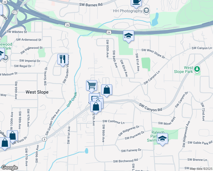 map of restaurants, bars, coffee shops, grocery stores, and more near 8585 Southwest Canyon Lane in Portland
