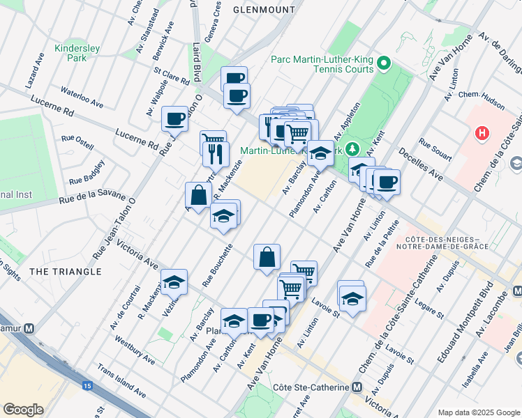 map of restaurants, bars, coffee shops, grocery stores, and more near 3800 Rue Bouchette in Montréal