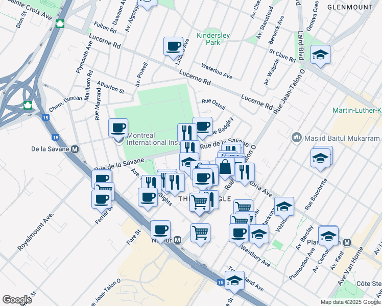 map of restaurants, bars, coffee shops, grocery stores, and more near 4700 Rue de la Savane in Montréal