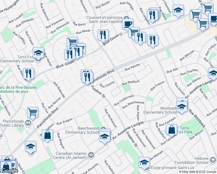 map of restaurants, bars, coffee shops, grocery stores, and more near 12804 Rue Charny in Montréal