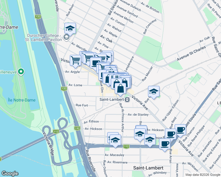map of restaurants, bars, coffee shops, grocery stores, and more near 222 Rue Woodstock in Saint-Lambert