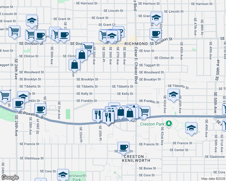 map of restaurants, bars, coffee shops, grocery stores, and more near 3584 Southeast Kelly Street in Portland