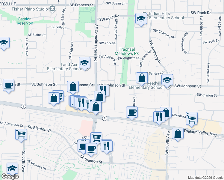 map of restaurants, bars, coffee shops, grocery stores, and more near 2805 Southwest 216th Avenue in Aloha