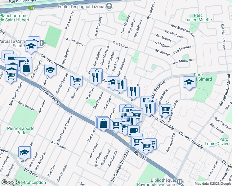 map of restaurants, bars, coffee shops, grocery stores, and more near 5790 Chemin de Chambly in Longueuil