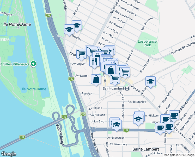 map of restaurants, bars, coffee shops, grocery stores, and more near 81 Avenue Lorne in Saint-Lambert