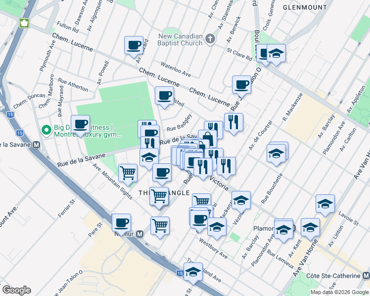 map of restaurants, bars, coffee shops, grocery stores, and more near 7361 Avenue Victoria in Montrã©Al