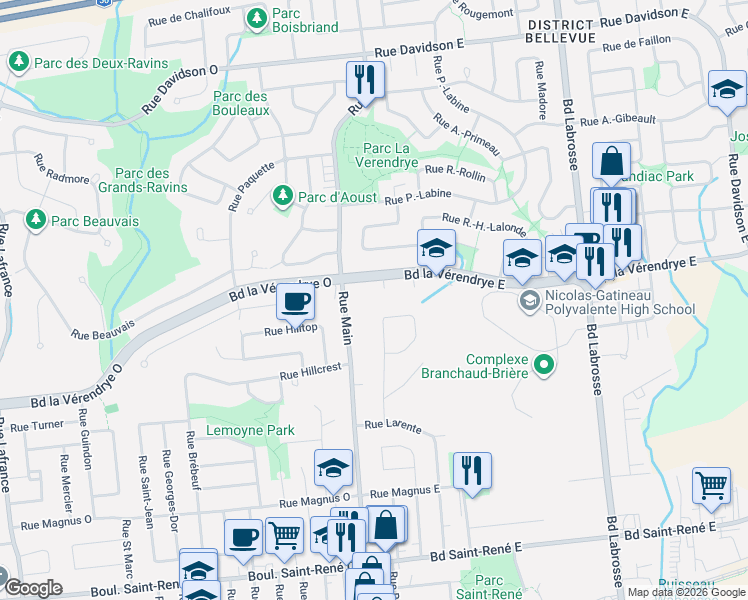 map of restaurants, bars, coffee shops, grocery stores, and more near 184 Boulevard la Vérendrye Est in Gatineau
