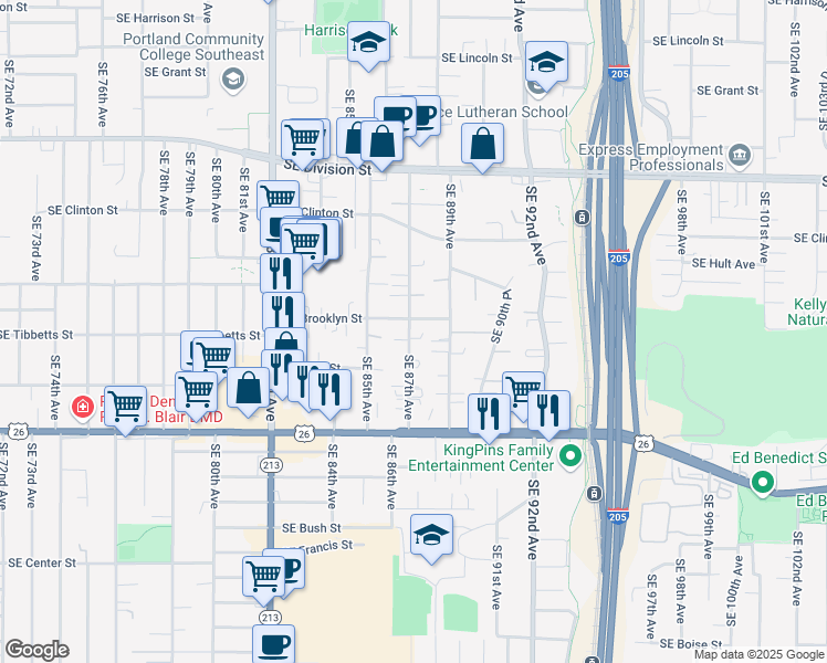 map of restaurants, bars, coffee shops, grocery stores, and more near 3030 Southeast 87th Avenue in Portland
