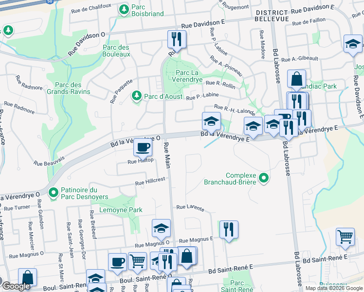 map of restaurants, bars, coffee shops, grocery stores, and more near 186 Boulevard la Vérendrye Est in Gatineau