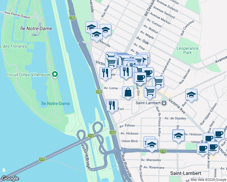 map of restaurants, bars, coffee shops, grocery stores, and more near 31 Avenue Lorne in Saint-Lambert