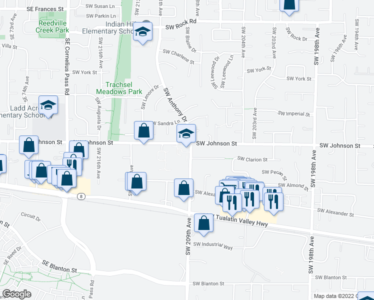 map of restaurants, bars, coffee shops, grocery stores, and more near 2695 Southwest 209th Avenue in Beaverton