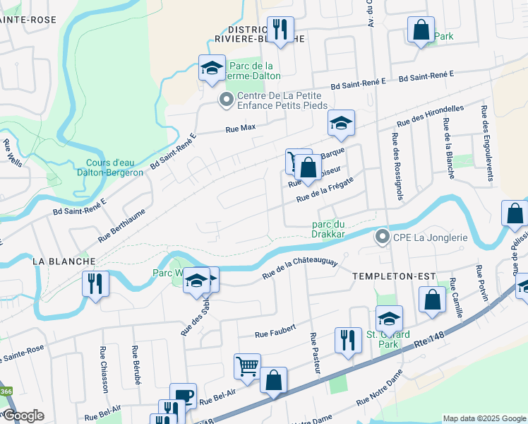 map of restaurants, bars, coffee shops, grocery stores, and more near 255 Rue de la Frégate in Gatineau