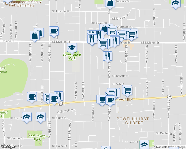 map of restaurants, bars, coffee shops, grocery stores, and more near 3018 Southeast 119th Avenue in Portland