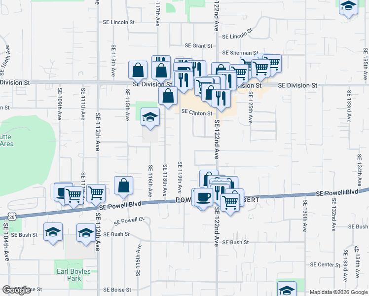 map of restaurants, bars, coffee shops, grocery stores, and more near 3119 Southeast 119th Avenue in Portland