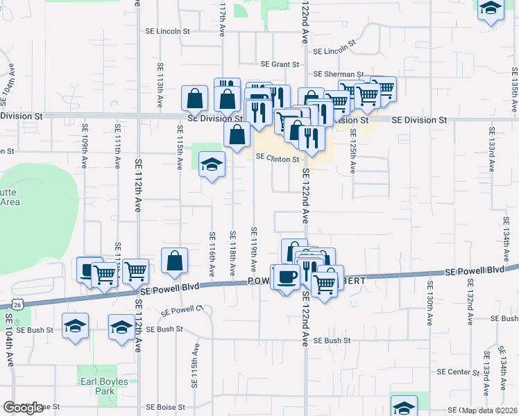 map of restaurants, bars, coffee shops, grocery stores, and more near 3119 Southeast 119th Avenue in Portland