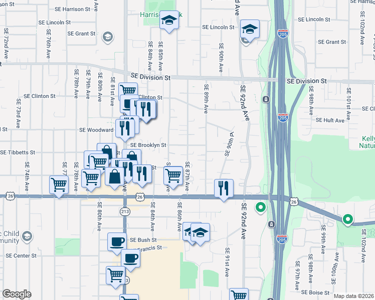map of restaurants, bars, coffee shops, grocery stores, and more near 3125 Southeast 87th Avenue in Portland