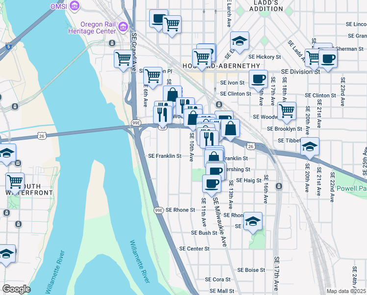 map of restaurants, bars, coffee shops, grocery stores, and more near 908 Southeast Franklin Street in Portland
