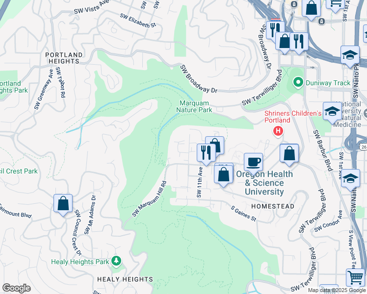 map of restaurants, bars, coffee shops, grocery stores, and more near 1235 Southwest Gibbs Street in Portland