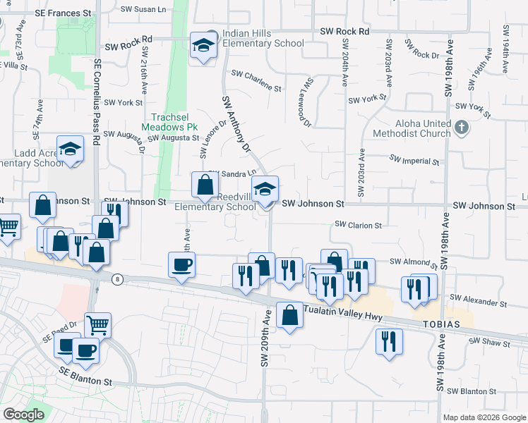 map of restaurants, bars, coffee shops, grocery stores, and more near 2835 Southwest 209th Avenue in Beaverton