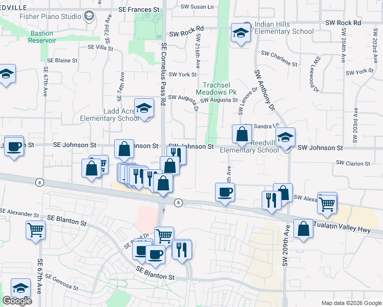 map of restaurants, bars, coffee shops, grocery stores, and more near 2805 Southwest 216th Avenue in Aloha