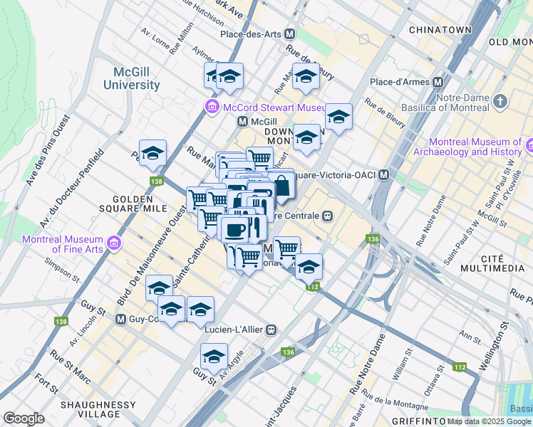 map of restaurants, bars, coffee shops, grocery stores, and more near in Montreal