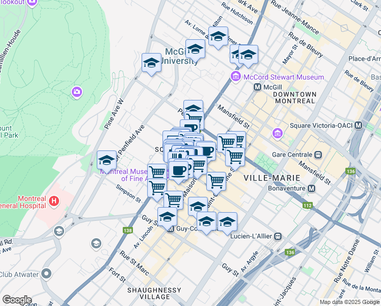 map of restaurants, bars, coffee shops, grocery stores, and more near 2233 Drummond Street in Montreal